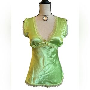 Vintage Y2K Lime Green Satin Lace Trim Babydoll Top by 90265, Size Small